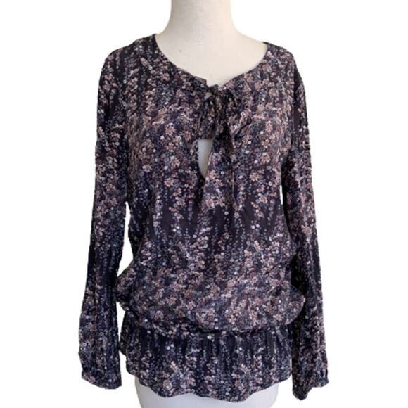 Set Silk Ditsy Floral Print Tie Neck Long Sleeve Blouse Top Black Size 8 - Picture 2 of 5